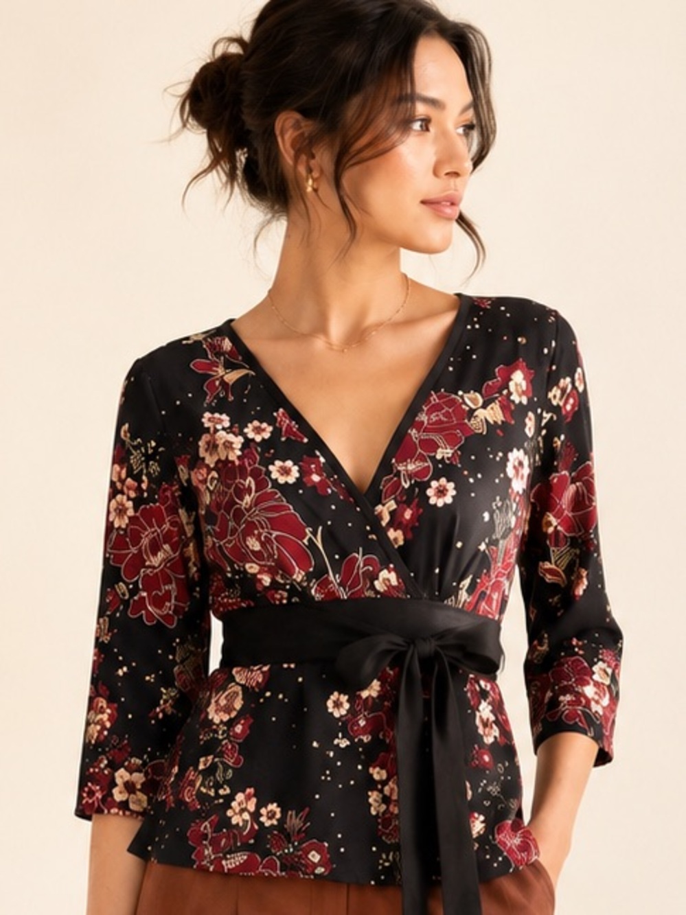 Y2K Dark Romantic Floral Babydoll Top Japanese Print Sparkles Sz Large Petites